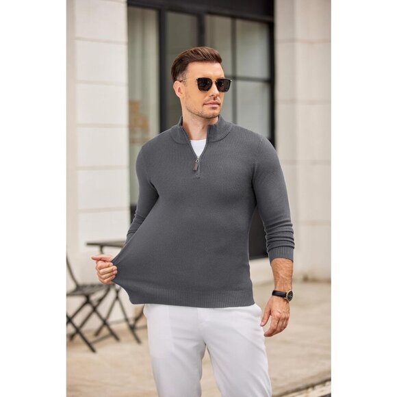 Men's Slim Fit Quarter Zip Pullover Sweater, Knit Mock Neck Polo Gray Sweater - Picture 6 of 6